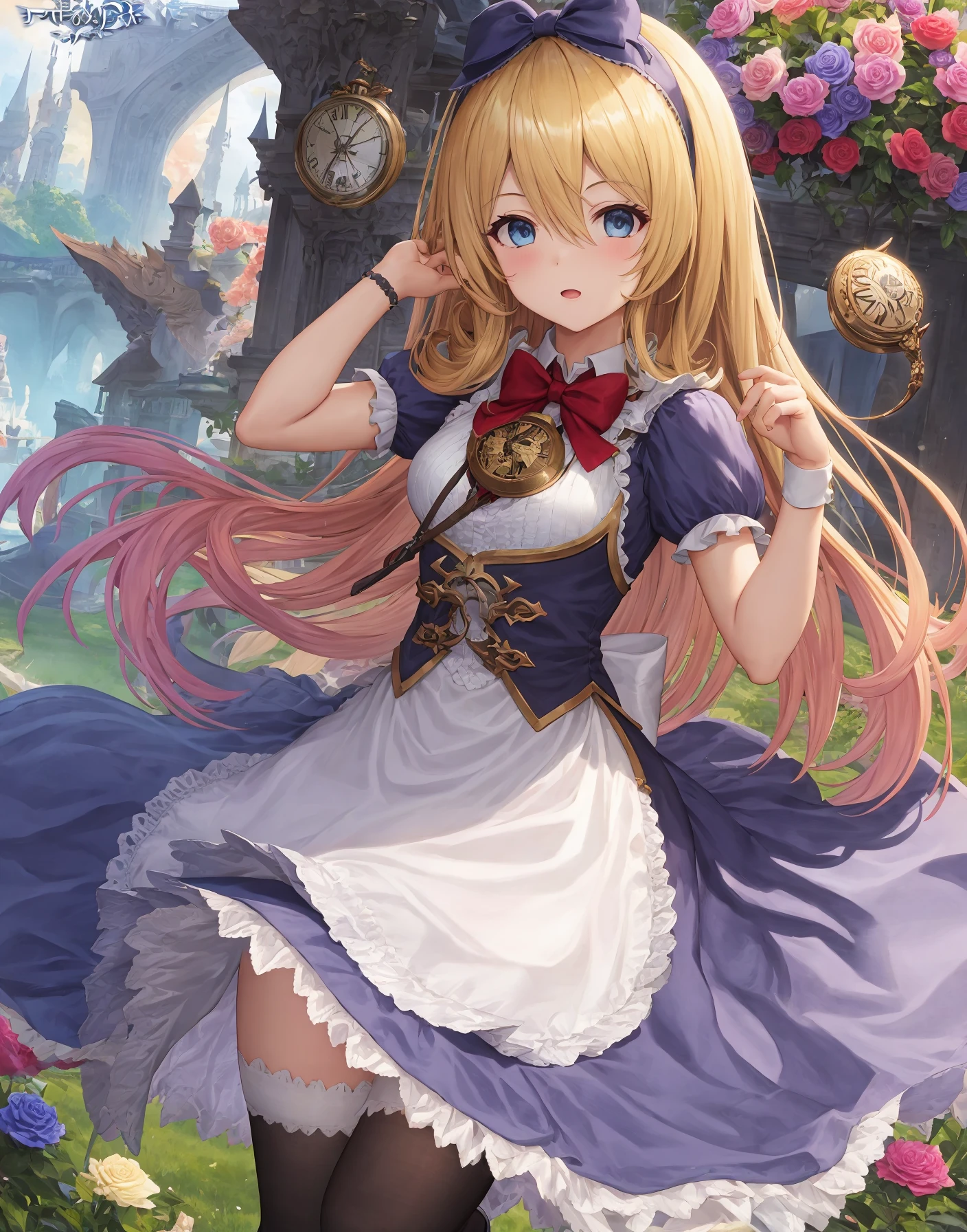 (cygames, official art, shadowverse, shingeki no bahamut ), a beautiful masterpiece portrait of a blonde girl in a blue dress, standing, full body, (she has a large pocket watch pendant watch clock hanging loosely off her shoulder like a pendant), absurdres, highres, (high quality, beautiful, detailed, intricately detailed, ),
nose blush, 1girl, frills, looking at viewer, blush, eyebrows visible through hair, breasts, small breasts, solo focus, shadow, hair between eyes,
boots, (1girl, blonde hair, blue eyes, dress, long hair, flower, (pocket watch, pendant watch), (blue dress:1.2), rose, apron, hairband, blue hairband, bow hairband, bowtie, bow, petticoat, ((blue corset)), ribbon, frills, wrist cuffs, pink rose, outdoors, puffy sleeves, short sleeves, juliet sleeves, , large dress,
thighhighs, frills, black thighhighs, apron, puffy short sleeves, jewelry, red bowtie, wrist cuffs, hair between eyes, bangs, ribbon-trimmed skirt, ribbon trim, :1.0 ),
<lora:Alice2:1.0>,
