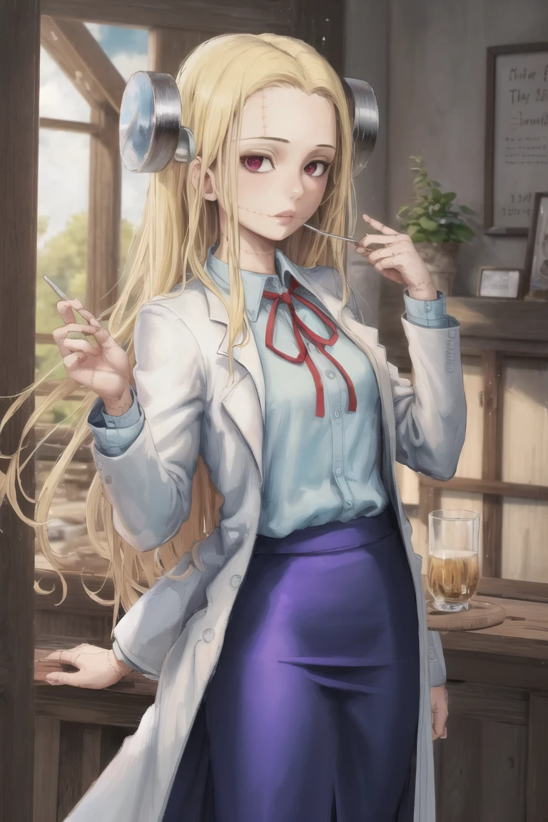 1girl, solo, long_hair, blonde_hair, (blue_skirt:1.1), labcoat, red ribbon, white_shirt, <lora:MadarakiFran-10:1.0> , madaraki_fran, extra arms, (Masterpiece, Best Quality:1.2),