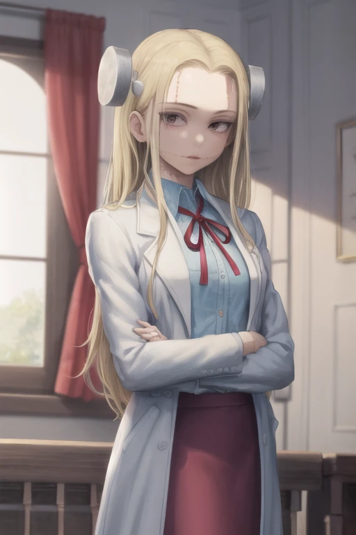 1girl, solo, long_hair, blonde_hair, blue_skirt, labcoat, red ribbon, white_shirt, <lora:MadarakiFran-10:1.0> extra_arms,, (Masterpiece, Best Quality:1.2),