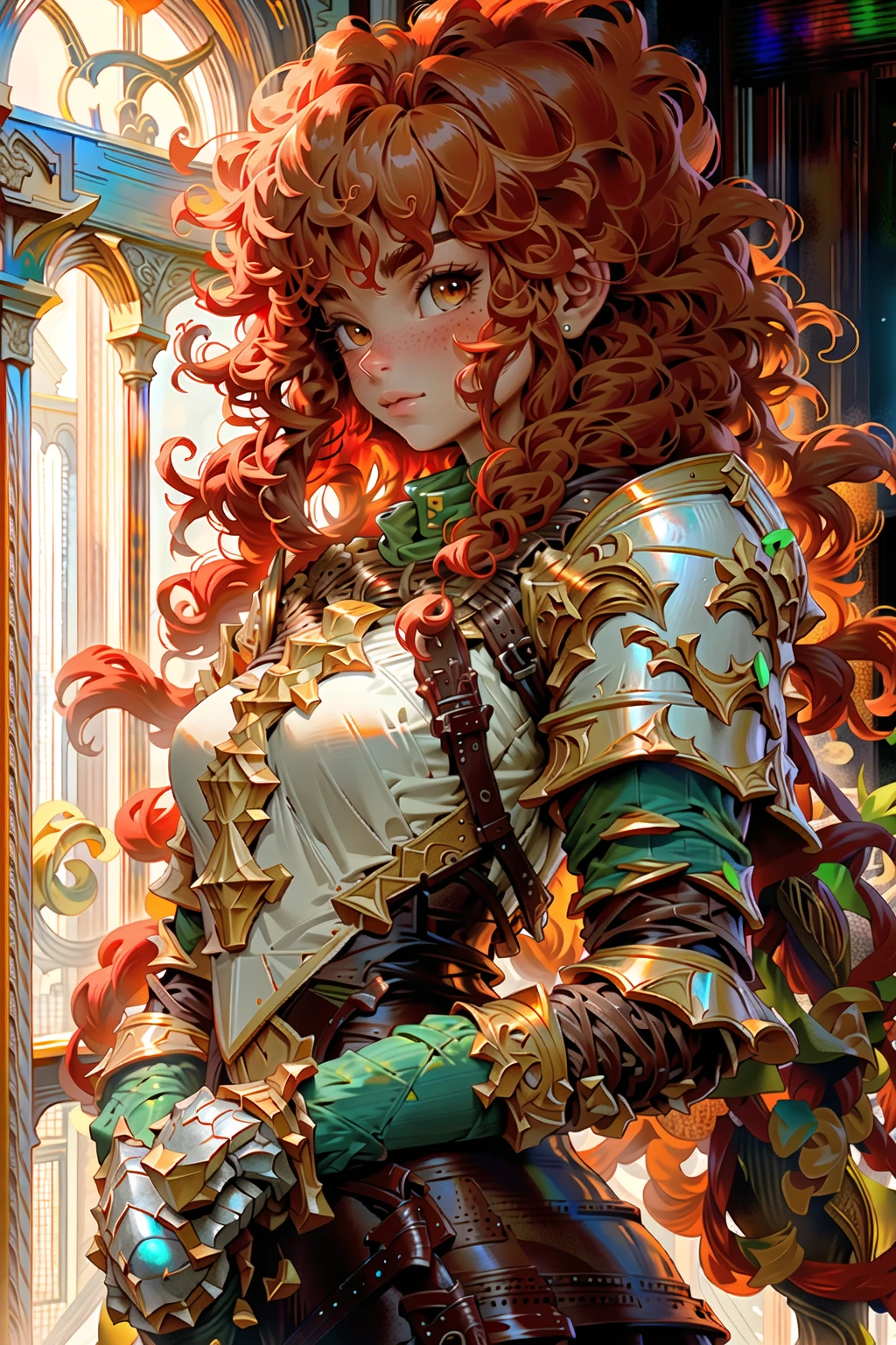 armor, wavy_hair, curly_hair, orange_hair, long_hair, 1girl, solo, helmet <lora:OC illustration:1>