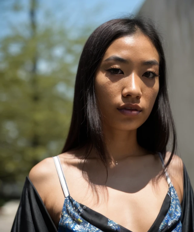 A 3d render of a A young asian , eyeliner, jetblack long, straight hair and a bohemian style, wearing a kimono, standing in front of a traditional japanese wall in a dojo, with a desperate look on her face. Use a high-angle shot and pay attention to the play of light and shadow on her face and clothing. highly detailed, 8K, stunning, hdr, subsurface scattering, global illumination, film still, Film-like, bokeh, 3d, with a (tattoo under her eye) (film grain, vivid colors, film emulation, kodak portra 800, 35mm, canon50 f1.2)