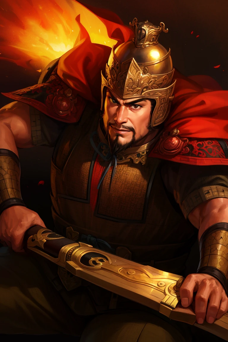 (4k, best quality, highres:1.1), (masterpiece:1.1), man, (Chinese male:1.2), middle-aged, warrior, (detailed eyes:1.5), facial hair, muscular, strong, brave, courageous, powerful, honorable, disciplined, confident, looking at viewer, face, bracer, helmet, armor, holding weapon, riding, horse, black, red,
beard, weapon, mustache, crown, 1boy, male_focus, sword, sunset , holding, fire