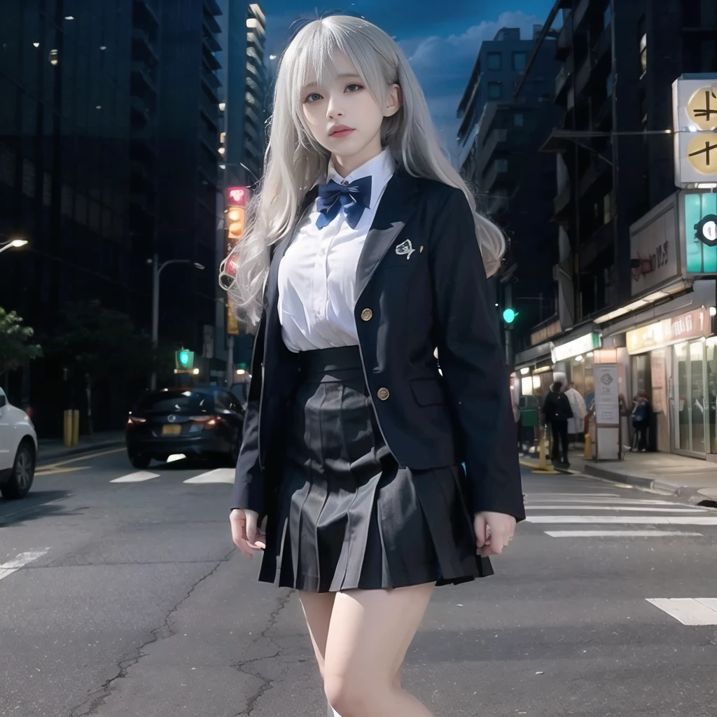(8k, RAW photo, best quality, masterpiece:1.3),(realistic,photo-realistic:1.37),(night),(looking at viewer:1.331),(white hair),posing, new york, street,nightcityscape, <lora:asianGirlsFace_dreamyFace:0.6>, cyberpunk city,soft light,1girl,extremely beautiful face,bust,put down hands,Random hairstyle,Random expression,big eyes, ,lower abdomen,<lora:jk uniform:0.5>(blue JK_suit),(long-sleeved JK_shirt),JK_style,(dark blue JK_skirt) ,(bow JK_tie),<lora:cuteGirlMix4_v10:0.4>,mix4