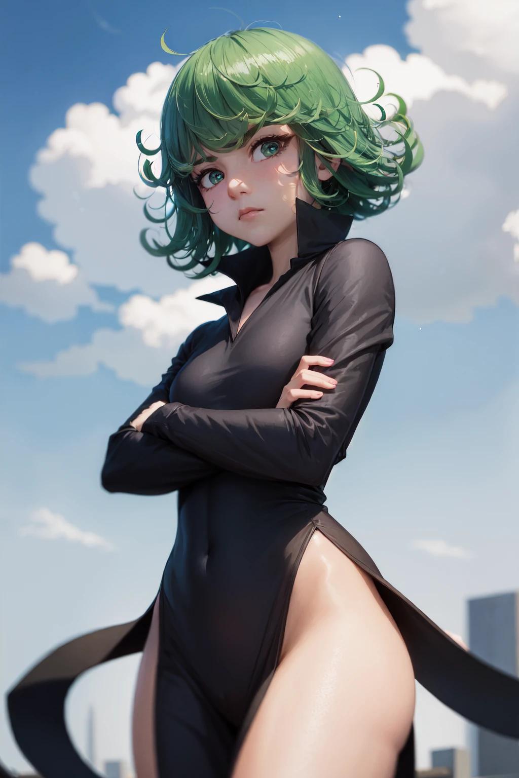 (masterpiece, best quality:1.2), <lora:opm_tatsumaki-20:0.8>, cowboy shot, solo, 1girl, tatsumaki, unamused, closed mouth, looking at viewer, crossed arms, black dress, blue sky, clouds