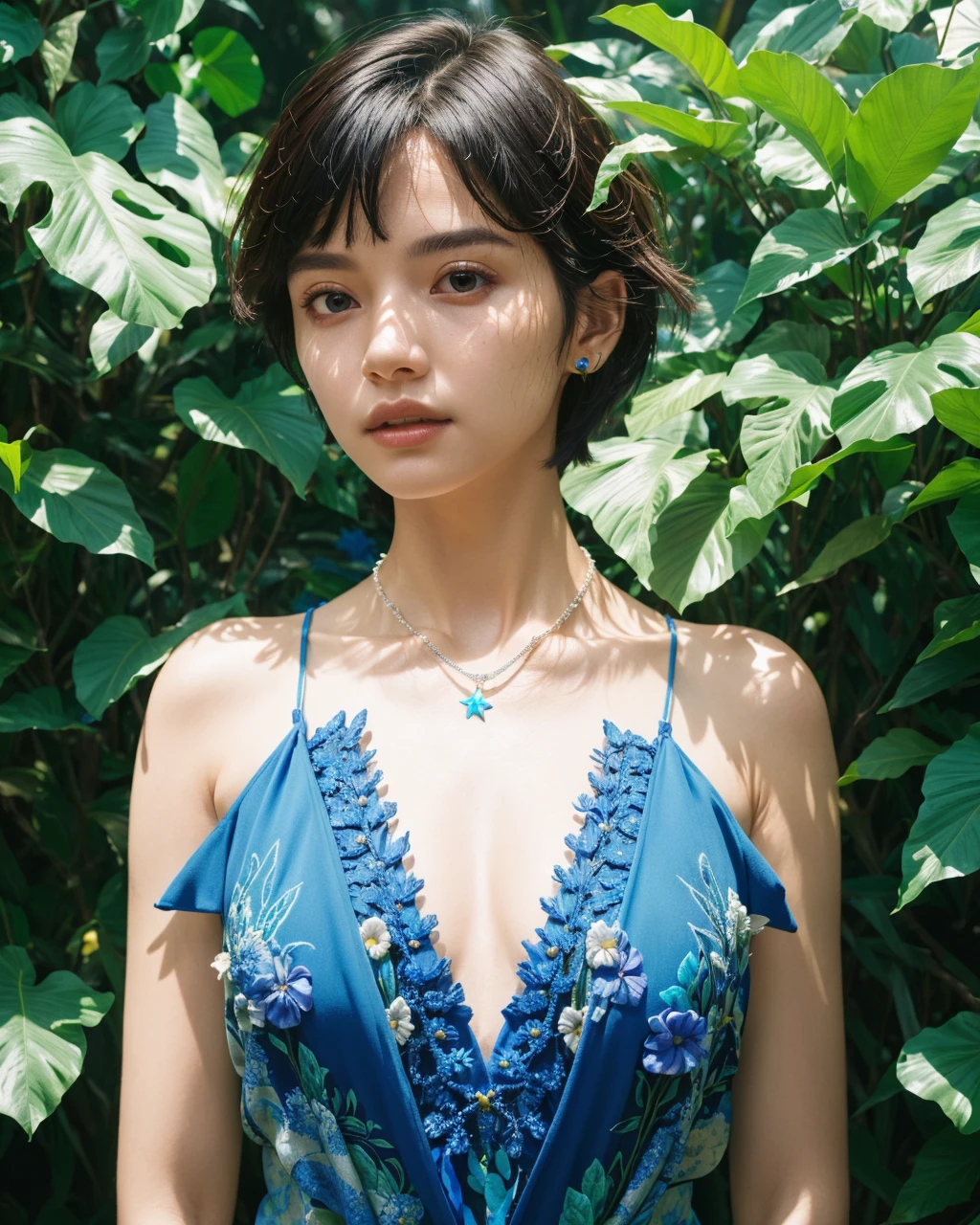 <lora:1girlmix:0.65>, fashion photography portrait of blue human avatar, 1girl, in blue lush jungle with flowers and bird, sci-fi, fantasy, octane render, hdr, (intricate details, hyperdetailed:1.2), (natural skin texture, hyperrealism, soft light, sharp:1.2), fluffy short hair, night, star, mix4, <lora:cuteGirlMix4_v10:0.1>, necklace, cleavage