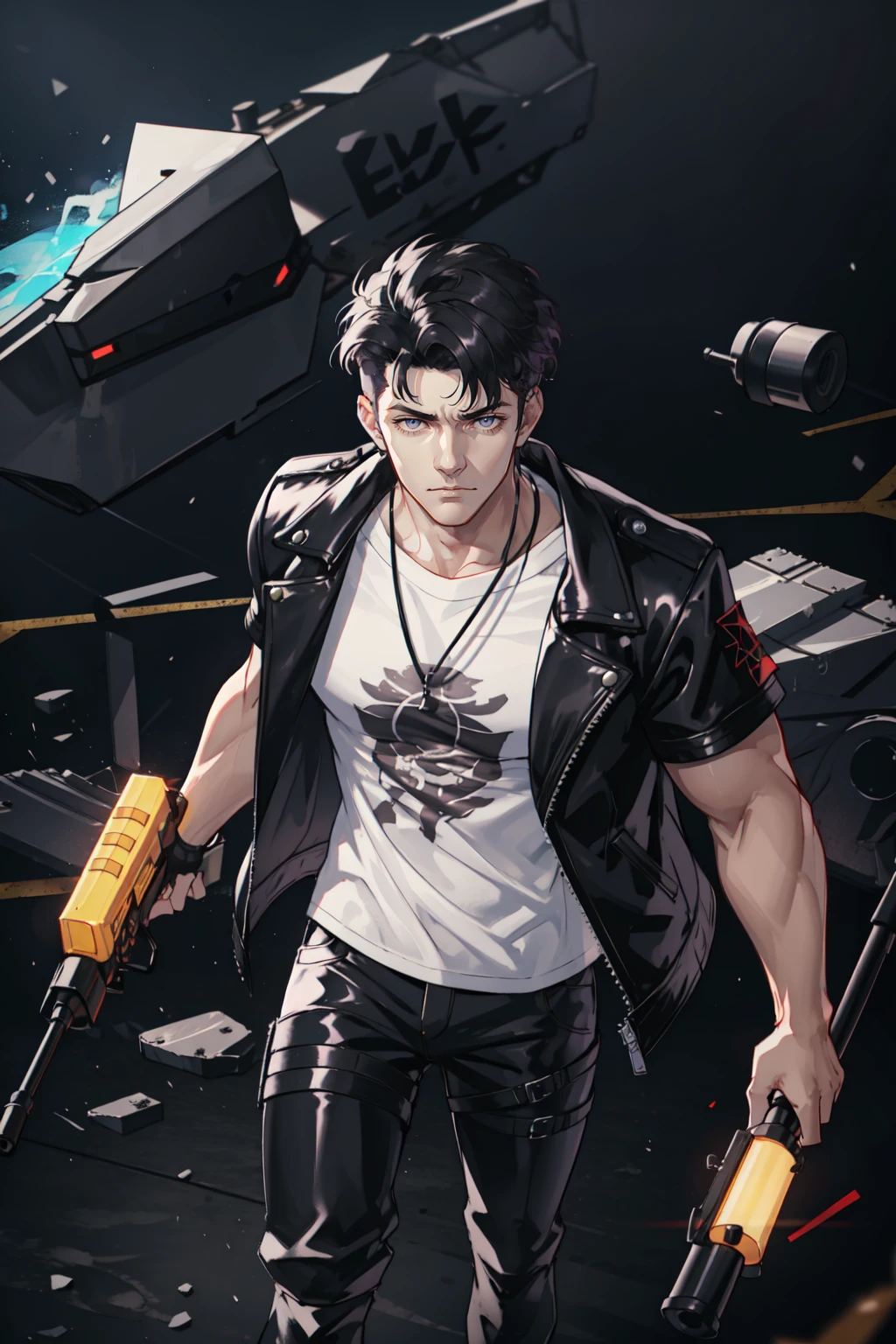 masterpiece, best quality, 1 male, adult, handsome, tall muscular guy, broad shoulders, finely detailed eyes and detailed face, extremely detailed CG unity 8k wallpaper, intricate details, intricate details, very short hair, undercut, grunge, serious expression, big arms, dark, old leather jacket, white t-shirt, medieval dark leg armor pants, neon motion stream, glowing lights, Grenade Launcher weapon, bright white energy streams of lights, rim lighting, sf, Apocalypse, from above, depth of field