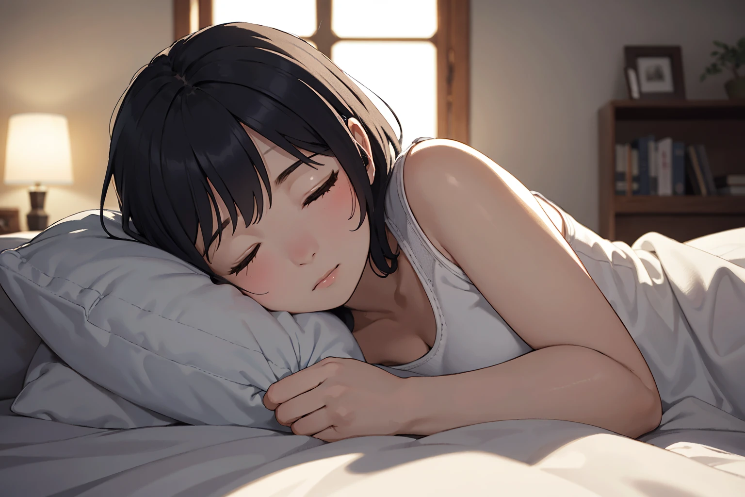 1girl, cute, sleeping, eyes closed, (freckles:0.2), lying on bed, head on pillow, bedroom, detailed background, indoor, hires, (photorealistic:1.4), (in the dark, deep shadow,low key:1.1), diffused natural skin glow, diffused dark light, wide shot