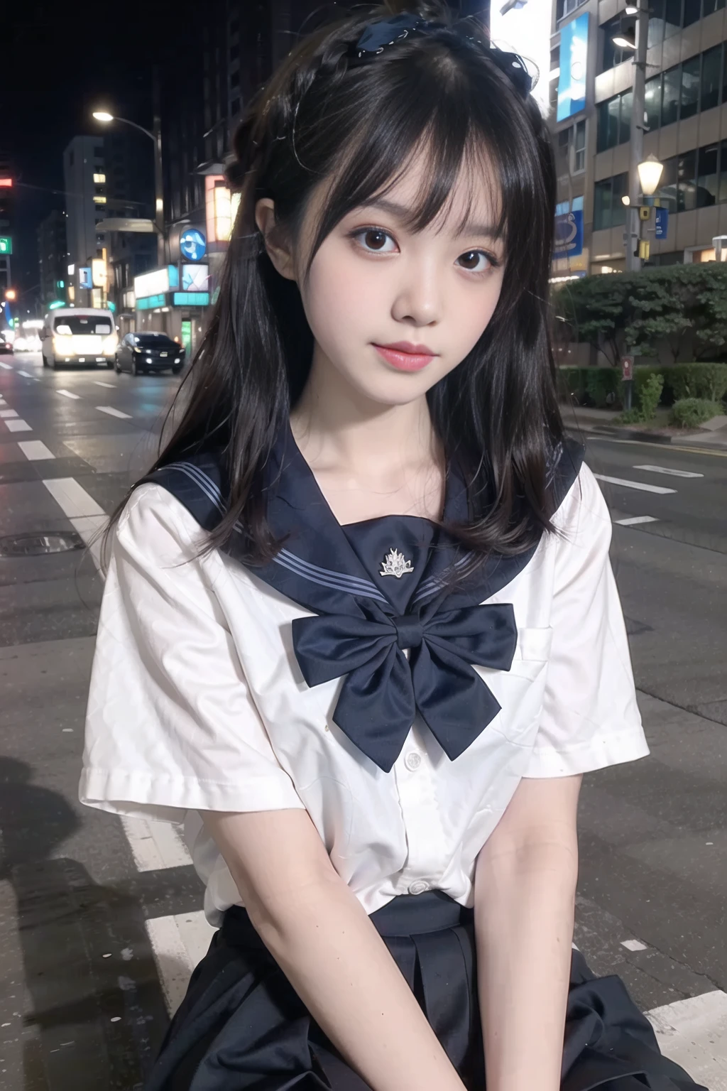 (8k, RAW photo, best quality, masterpiece:1.3),(realistic,photo-realistic:1.37),(night),(looking at viewer:1.331),(white hair),posing,Tokyo street,nightcityscape, <lora:asianGirlsFace_dreamyFace:0.5>, cyberpunk city,soft light,1girl,extremely beautiful face,bust,put down hands,Random hairstyle,Random expression,big eyes, ,lower abdomen,<lora:jk uniform:0.5>(lshort-sleeved JK_sailor),JK_style,(dark blue JK_skirt) ,(bow JK_tie),<lora:cuteGirlMix4_v10:0.4>,mix4