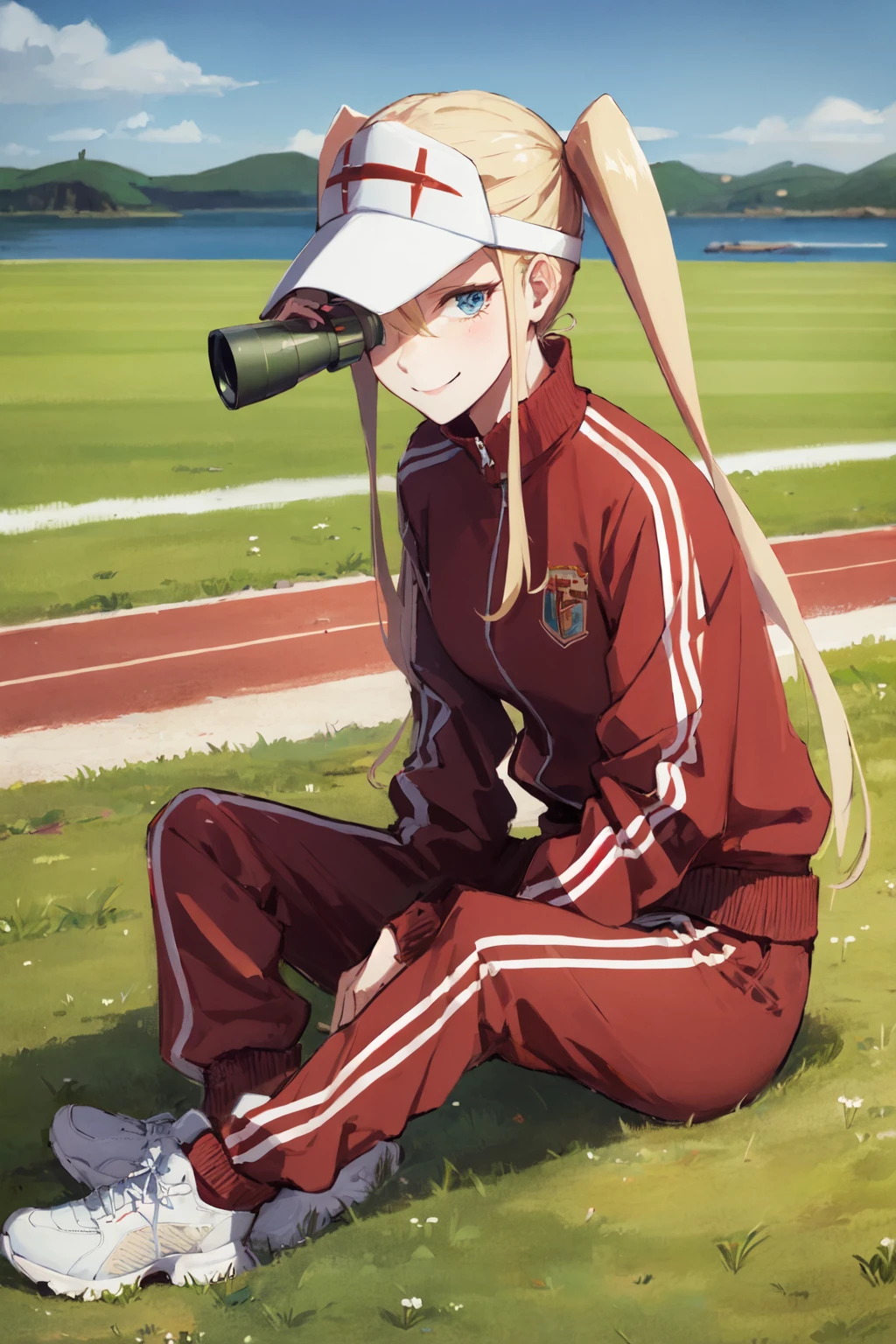 (masterpiece, best quality:1.2), <lora:klk_hakodate-10:0.8>, solo, 1girl, hakodate omiko, smile, sitting on the ground, visor cap, scope, track suit, track pants, grass