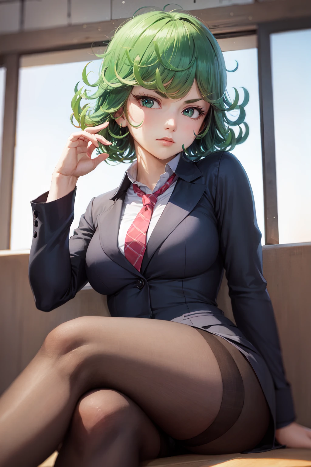 (masterpiece, best quality:1.2), <lora:opm_tatsumaki-20:0.8>, solo, 1girl, tatsumaki, unamused, closed mouth, looking at viewer, hand on own face, sitting, crossed legs, collared shirt, necktie, skirt, pantyhose