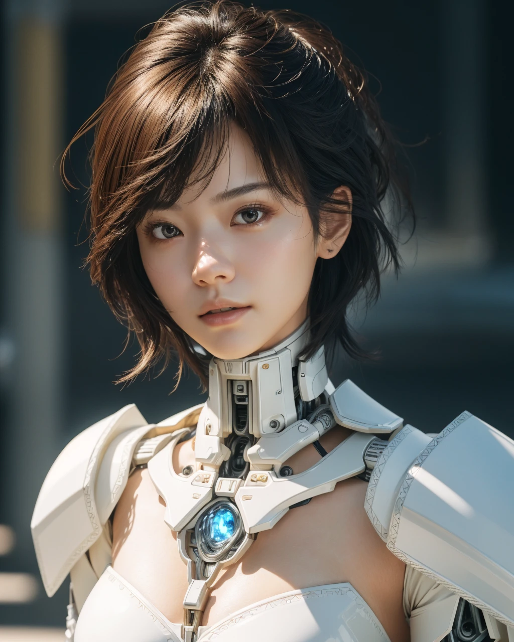 <lora:1girlmix:0.65>, mix4, <lora:cuteGirlMix4_v10:0.1>, complex 3d render ultra detailed of a beautiful porcelain woman cyborg, (natural skin texture, realistic face and brown eyes  details:1.25), robotic parts, beautiful soft light, rim light, vibrant details, luxurious cyberpunk, hyperrealistic, anatomical, facial muscles, cable electric wires, microchip, elegant, beautiful background, octane render, 8k, best quality, masterpiece, extremely delicate and beautiful, CG, unity, wallpaper, (realistic, photo-realistic:1.2),Amazing, finely detail, masterpiece, best quality, official art, extremely detailed CG unity 8k wallpaper, absurdres, incredibly absurdres, robot, silver halmet, full body, android, metal lace,  fluffy black short hair, (cleavage, noble lady:0.75), darkness