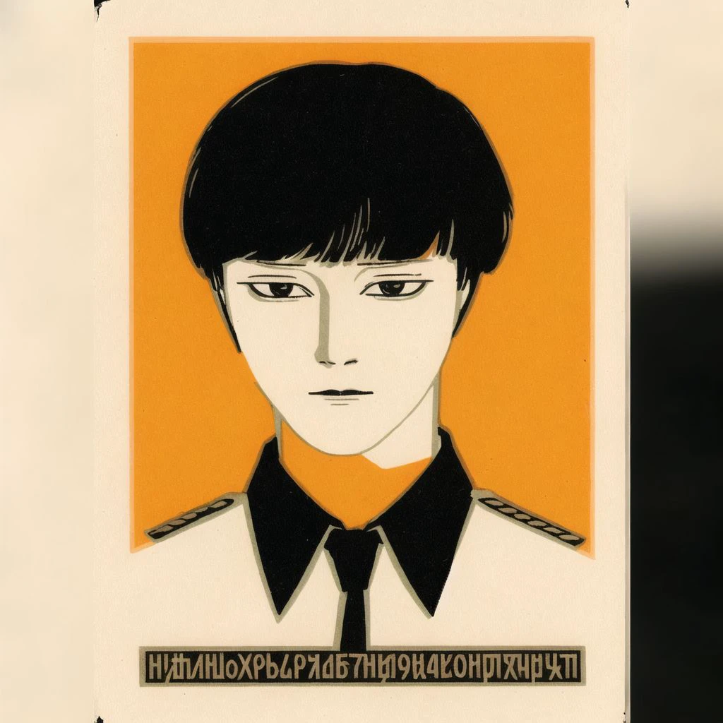 <lora:soviet_matchbox_art_b-db:1>, soviet_matchbox_art, stamp, russian text, halftone, 1boy, ascot, asymmetrical bangs, bangs, black background, black hair, closed mouth, collar, collared shirt, dated, looking at viewer, male focus, shirt, short hair, simple background, solo, upper body, white shirt, yiqing \(yohare\)