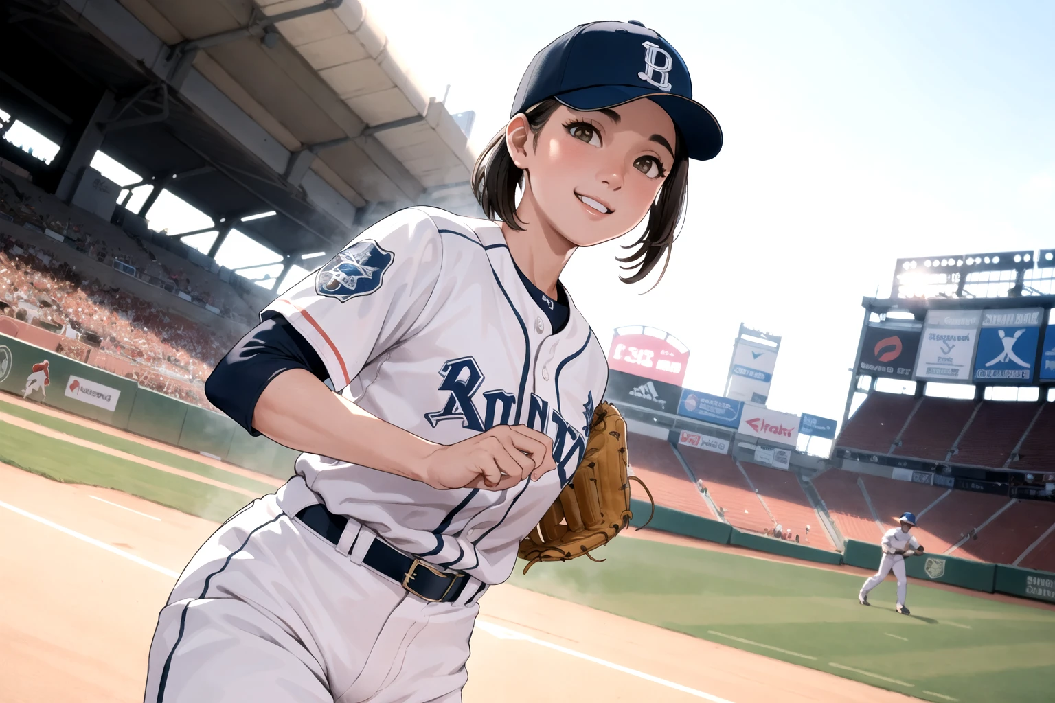 baseball cosplay,  baseball stadium, baseball uniform, smiling, 1girl, cowboy shot, detailed uniform, look at viewer, (SIGMA 85mm f1.4), depth of field, bokeh,  detailed photorealistic background, diffused natural sunlight, diffused natural skin glow, summer, photo realistic, photo