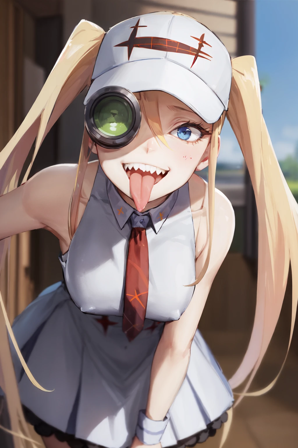 (masterpiece, best quality:1.2), <lora:klk_hakodate-10:0.8>, solo, 1girl, hakodate omiko, sharp teeth, smile, tongue out, (leaning forward:1.1), visor cap, scope, dress