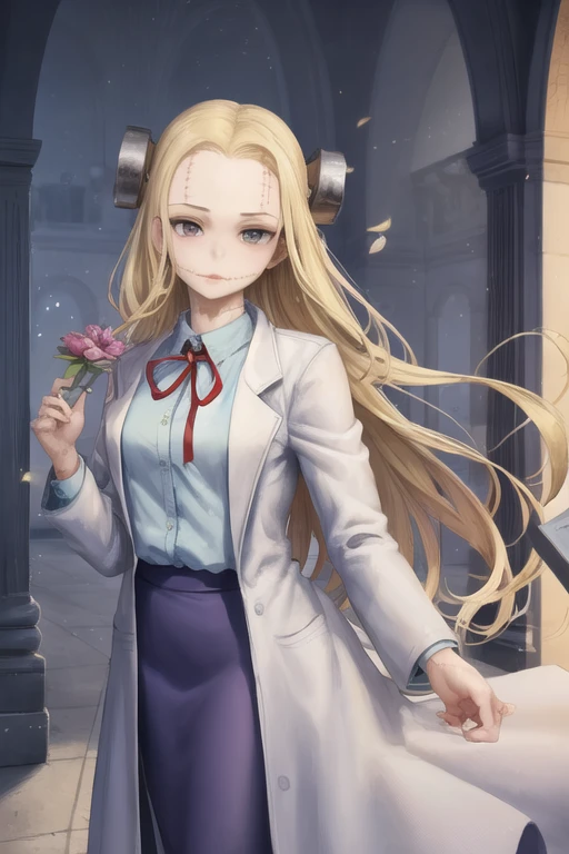 1girl, solo, long_hair, blonde_hair, (blue_skirt:1.1), labcoat, red ribbon, white_shirt, <lora:MadarakiFran-10:1.0>, (Masterpiece, Best Quality:1.2),
