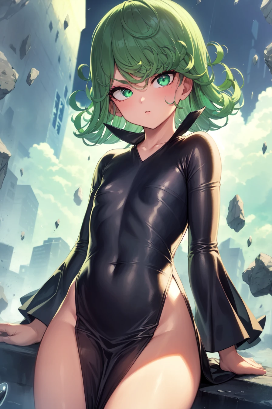 ((masterpiece, sidelighting, finely detailed beautiful eyes: 1.2)), ultra-detailed, ultra high res, professional lighting, high quality makeup, beautiful detailed eyes, sexy, beautiful, big eyes,1girl, <lora:tatsumakiOnePunchMan_v11:1>,tatsumaki, flat chest, black dress, pelvic curtain, long sleeves, green eyes, floating, storm