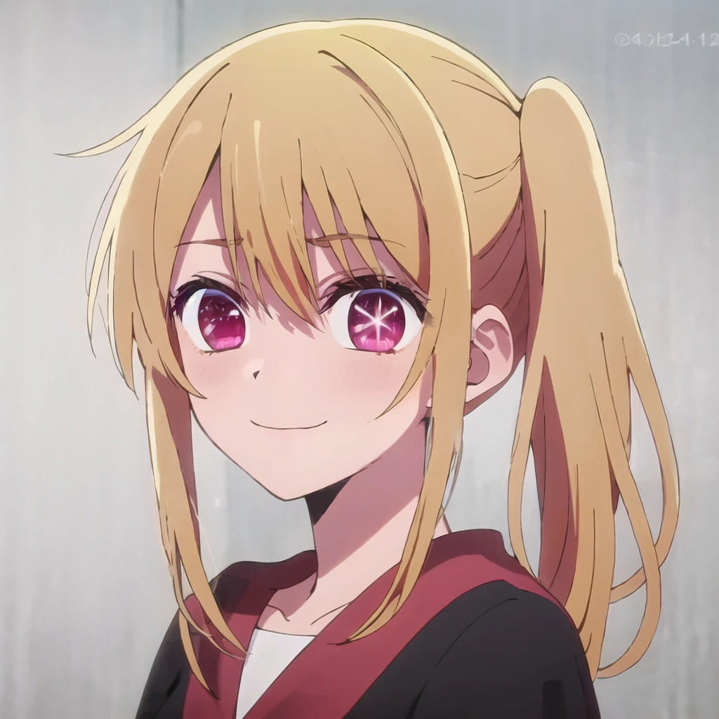 <lora:ruby hoshino v2:0.7>  ruby hoshino, blonde hair, side ponytail, ruby eyes, smile,star on eye, anime screencap, upper body, face, (star on right eye:1)