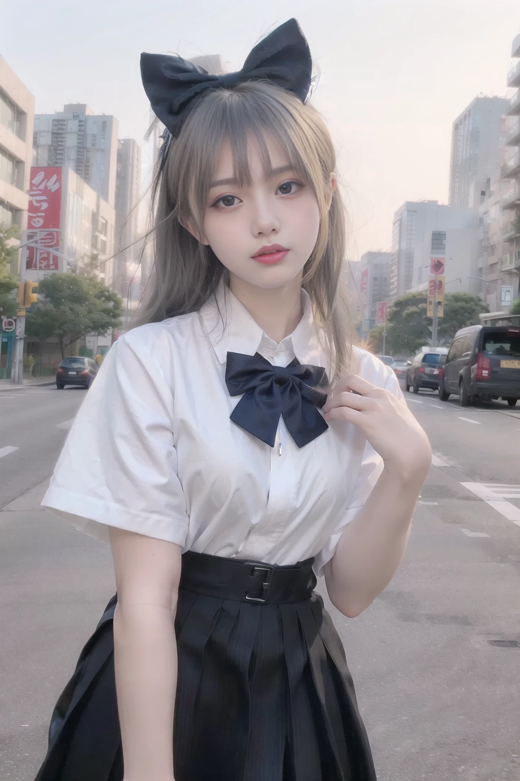 (8k, RAW photo, best quality, masterpiece:1.3),(realistic,photo-realistic:1.37),(night),(looking at viewer:1.331),(white hair),posing,Tokyo street,nightcityscape, <lora:asianGirlsFace_dreamyFace:0.5>, cyberpunk city,soft light,1girl,extremely beautiful face,bust,put down hands,Random hairstyle,Random expression,big eyes, ,lower abdomen,<lora:jk uniform:0.5>(short-sleeved 
JK_shirt),JK_style,(dark blue JK_skirt) ,(bow JK_tie),<lora:cuteGirlMix4_v10:0.4>,mix4