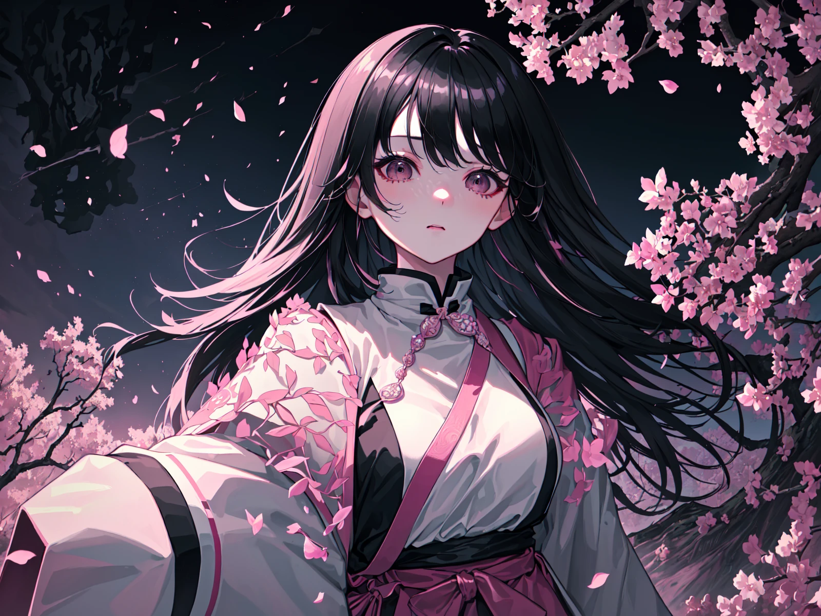 (best quality, masterpiece),(1girl, miko, coat, expression face, black eyes, looking at front ,black hair, walking, upper body), (night strray sky, huge old tree behind, falling glowing pink petals behind, shrine behind, mountain background, blowing wind, meteoric cloud)