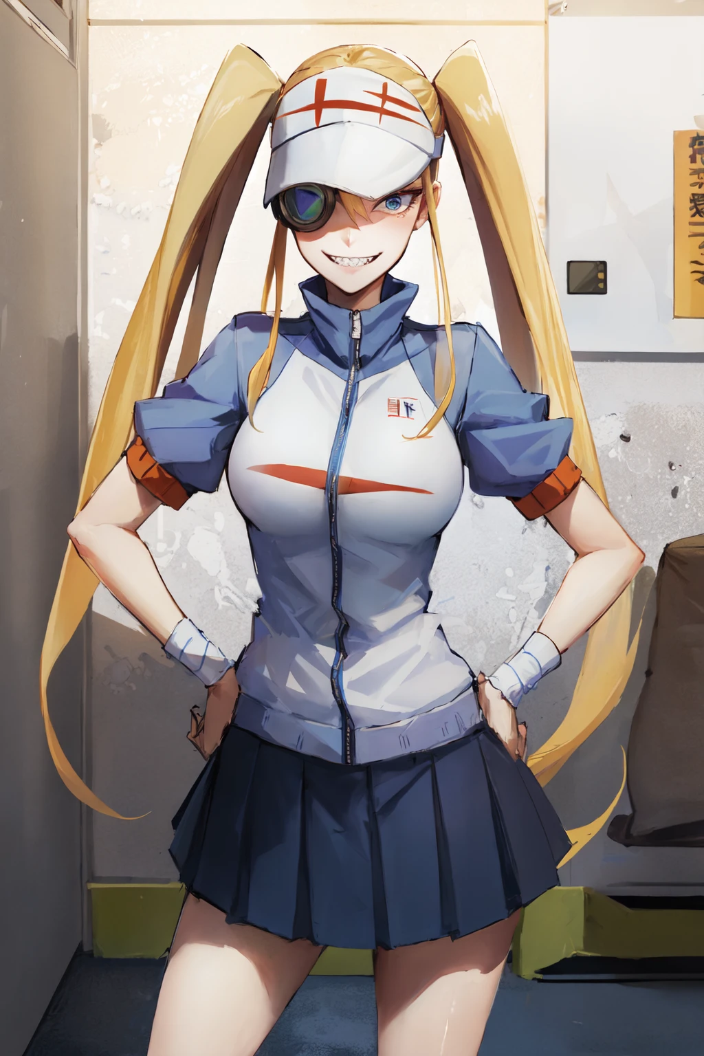 (masterpiece, best quality:1.2), <lora:klk_hakodate-10:0.8>, cowboy shot, solo, 1girl, hakodate omiko, sharp teeth, smile, looking at viewer, hands on hips, visor cap, scope, tennis uniform, skirt