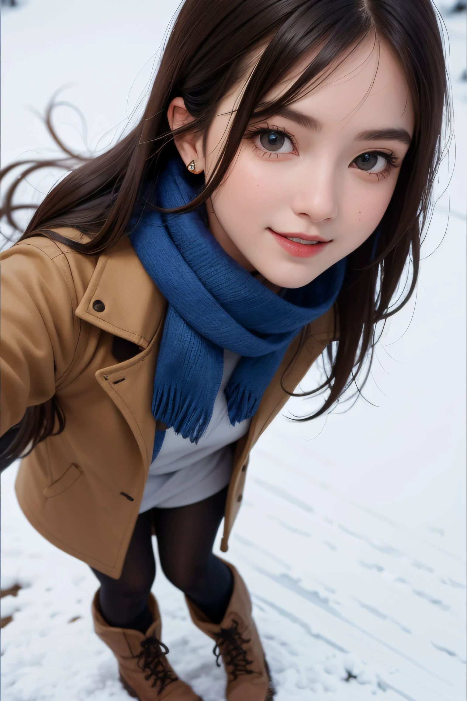 <lora:GirlfriendMix_v1:1>,(close-up:1.4), 
(RAW photo:1.2), (photorealistic:1.4),(masterpiece:1.3),(best quality:1.4), dreamlike, (detailed eyes),(detailed facial features), (detailed clothes features), skin tight, (shiny skin),(slender girl),(slim girl), 1girl, ((full body)),solo, cute,smlie,(medium breasts), bangs, straight hair, long hair, black hair, black eyes, crystal pendant, Long blue scarf,White long wool coat,Black thick pantyhose,Brown snow boots,