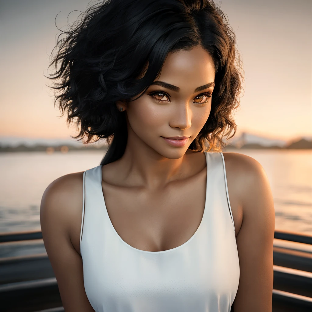 Masterpiece, absurdres,award winning photo, extremely detailed, amazing, fine detail, extremely detailed eyes and face, by lee jeffries nikon d850 film stock photograph 4 kodak portra 400 camera f1.6 lens rich colors hyper realistic lifelike texture dramatic lighting unrealengine trending on artstation cinestill 800 tungsten,beautiful woman, excited, smiling,   <lora:tad:0.9>, ((tan skin)), beautiful tad_woman, a woman with long black hair and a white top ,perfect tad_body, perfect tad_face, cowboy shot