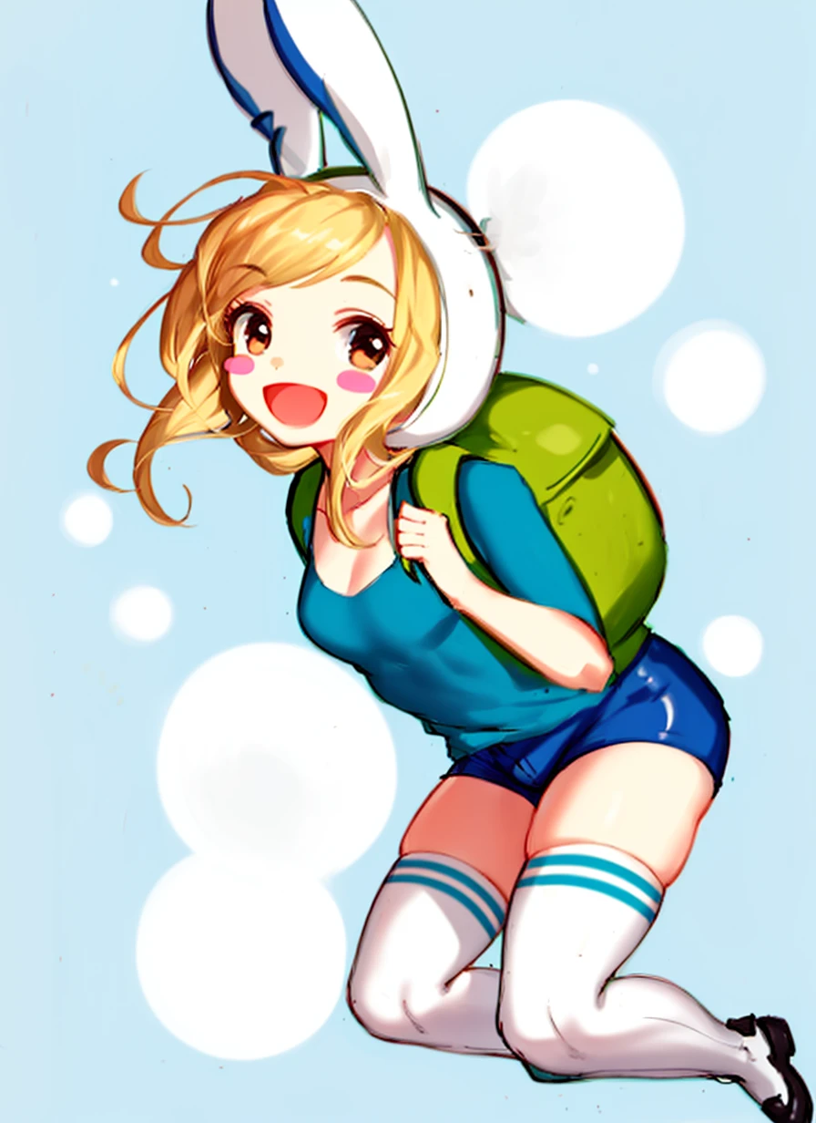beautiful, masterpiece, best quality, 1girl, 
fionna the human girl, adventure time, animal ears, backpack, bag, blonde hair, blush stickers, breasts, rabbit ears, fake animal ears, goriate, hat, medium breasts, short shorts, shorts, smile, thighhighs,
<lora:my_AdventureTime_v1:0.7>