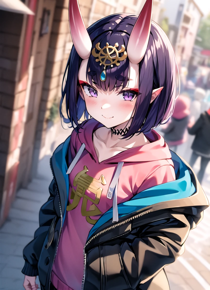 (masterpiece, best quality detailed), 1girl, <lora:ShutenDoujiV11-000003:1>, outdoors, standing, street, cowboy shot, crowd,
shuten douji, hood, black jacket, open jacket, pink hoodie, leggings, black choker, off shoulder, clothes writing, headpiece, smile, closed mouth