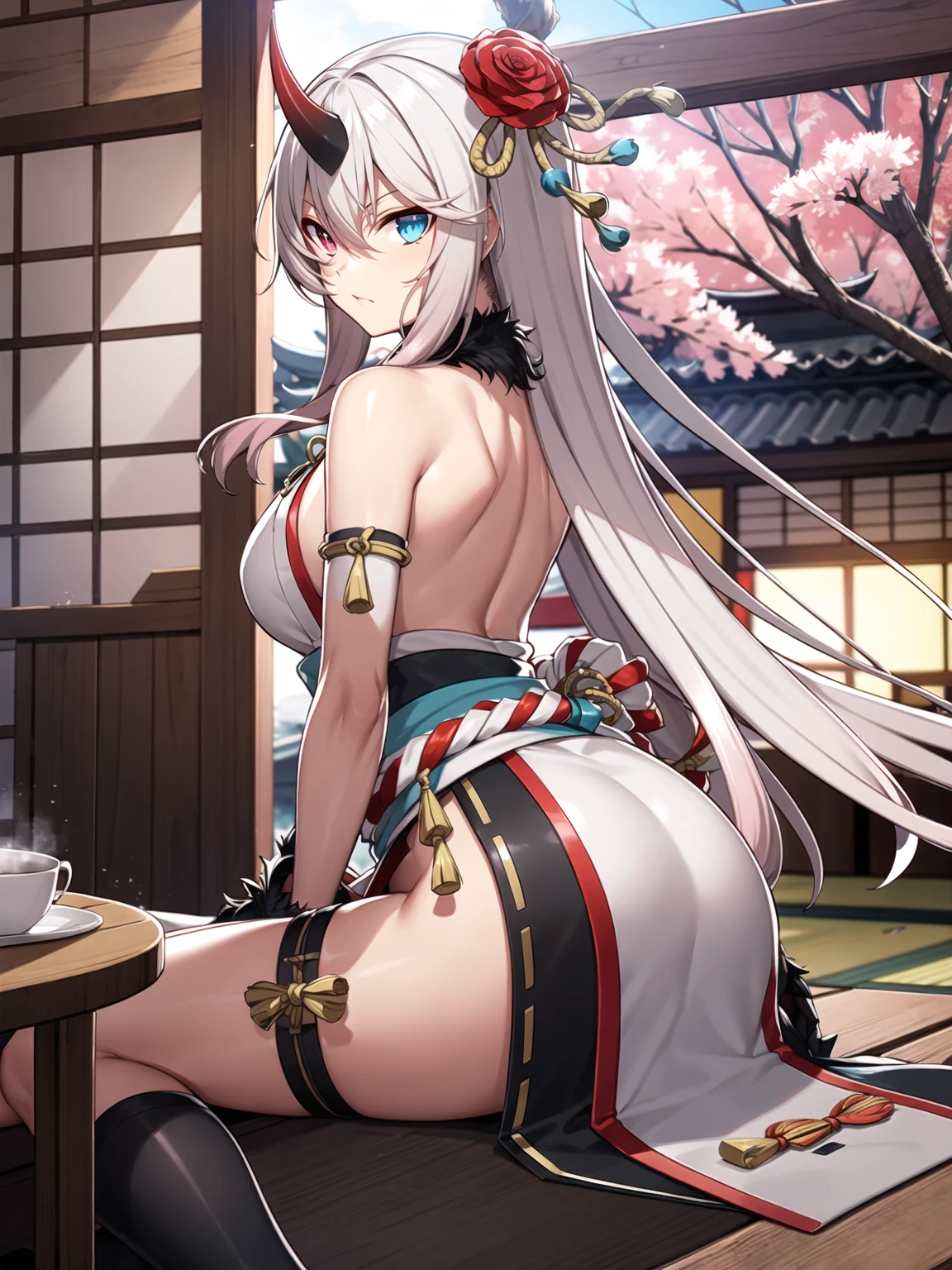 masterpiece, best quality, ultra-detailed, illustration, warm lighting, bright colors, 8K wallpaper, 1girl, solo, heterochromia, blue eye, pink eye, flower, hair flower, hair accessory, flower accessory, hair between eyes, hair ornament, single horn, oni horn, white hair, very long hair, fur trim, japanese clothes, kouhaku nawa, mask, obi, pelvic curtain, rope, sash, shimenawa, thigh strap, shrine, japanese shrine, pavement, stone ground, temple, day, cowboy shot, sliding door, sakura tree, ((arms_behind_back)), hands behide back, sitting, relaxing and having some tea, tea, table, tea on table, <lora:achif:0.65>
