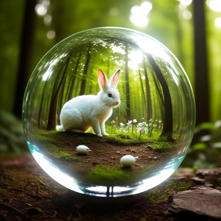 glass ball in a forest with the reflection of a white rabbit holding and amanita mushrooms, green moths, fireflies, fantasy, whimsical, professional photo, HDR, natural light, (anti-aliasing:1.2), elegant, soft scattered light, hyper-realistic, super-detailed, vibrant details, beautiful background, masterpiece, realistic proportions, limited palette, sharp, (cinematic:1.5), epic realistic, hyperdetailed, insane details, intricate details, accent lighting, soft volumetric light, (dramatic light:1.2), (neutral colors:1.3), cross process
