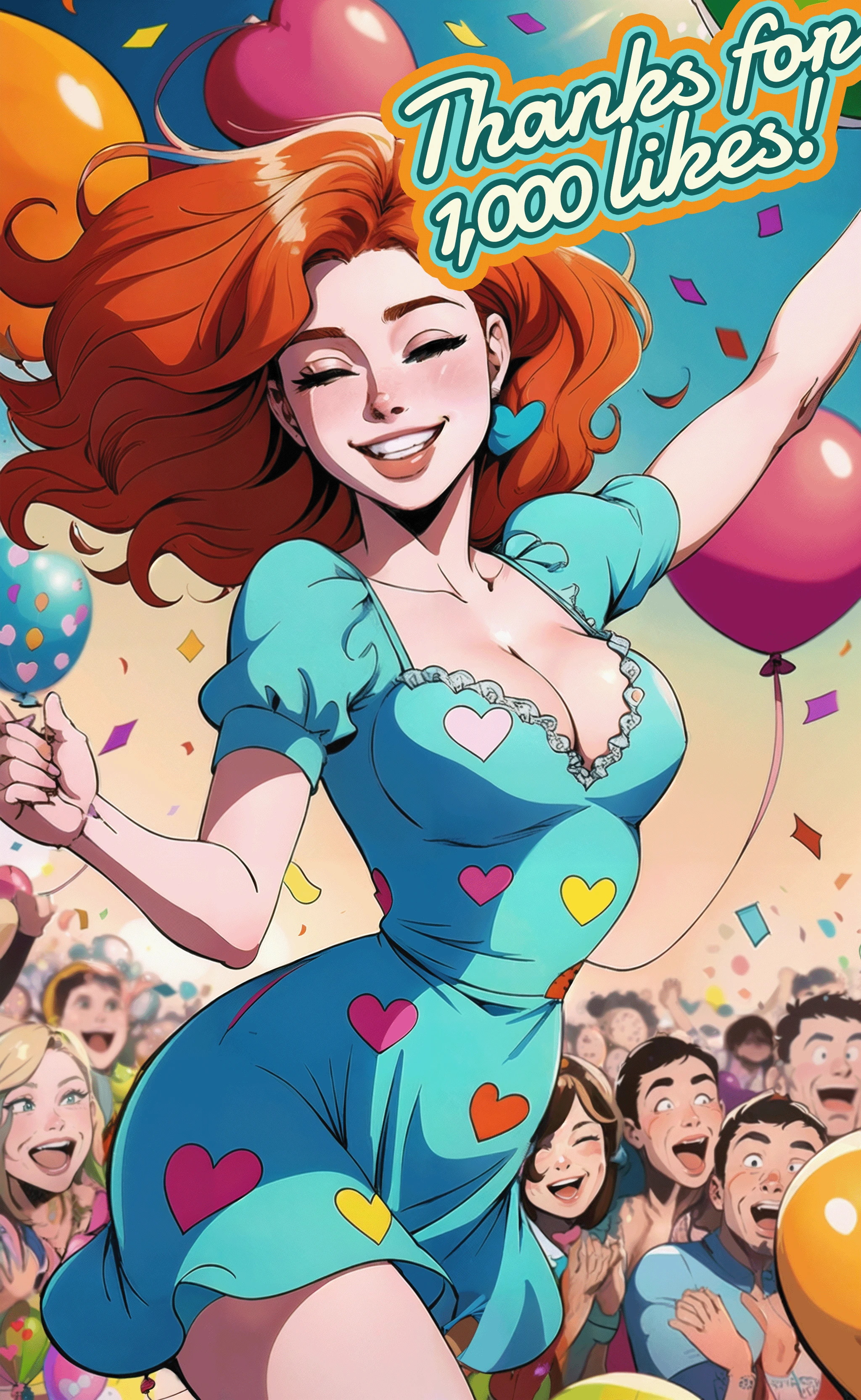 Comic style, illustration, line art style, illustrated cowboy shot of (22 years old ([person|Kate Bosworth])) with auburn colored hair and pale green eyes dancing, celebrating, (balloons and confetti), eyes closed, big grin, happy, wearing sundress, small breasts, cleavage, party, (heart shaped balloons) flying in the air, celebration, high energy, uhd, absurdres, dynamic lighting, dynamic pose, hand drawn style, bright colors, fun explosion background