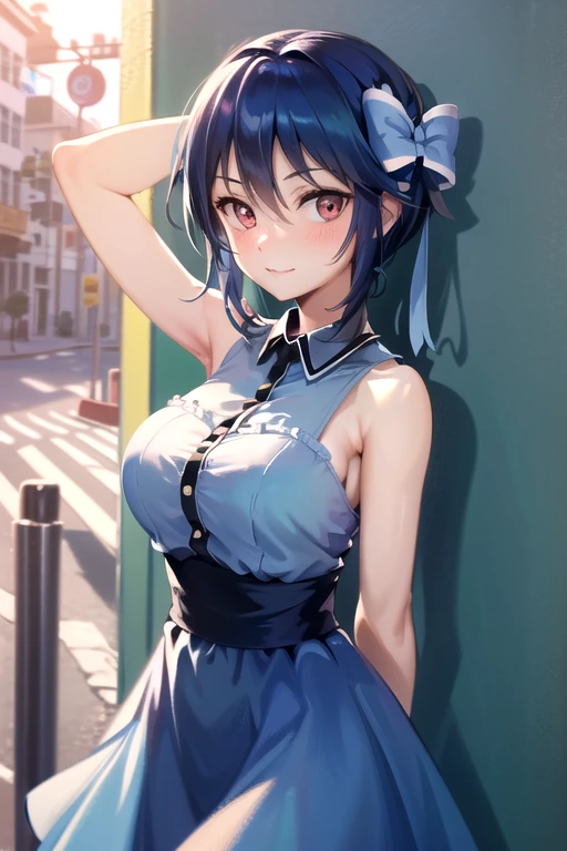 (8K、Highest quality、highest quality、masterpiece)、Detailed face、One girl、Rem from Re:Zero、short hair、、blunt bangs、Grey Eyes、smile、((Grin))、Small breasts、((White camisole))、((Blue skirt))、Cowboy Shot、((bent over))、Back Alley Background、Very large breasts Exposing breasts Naked breasts Blushing Embarrassing