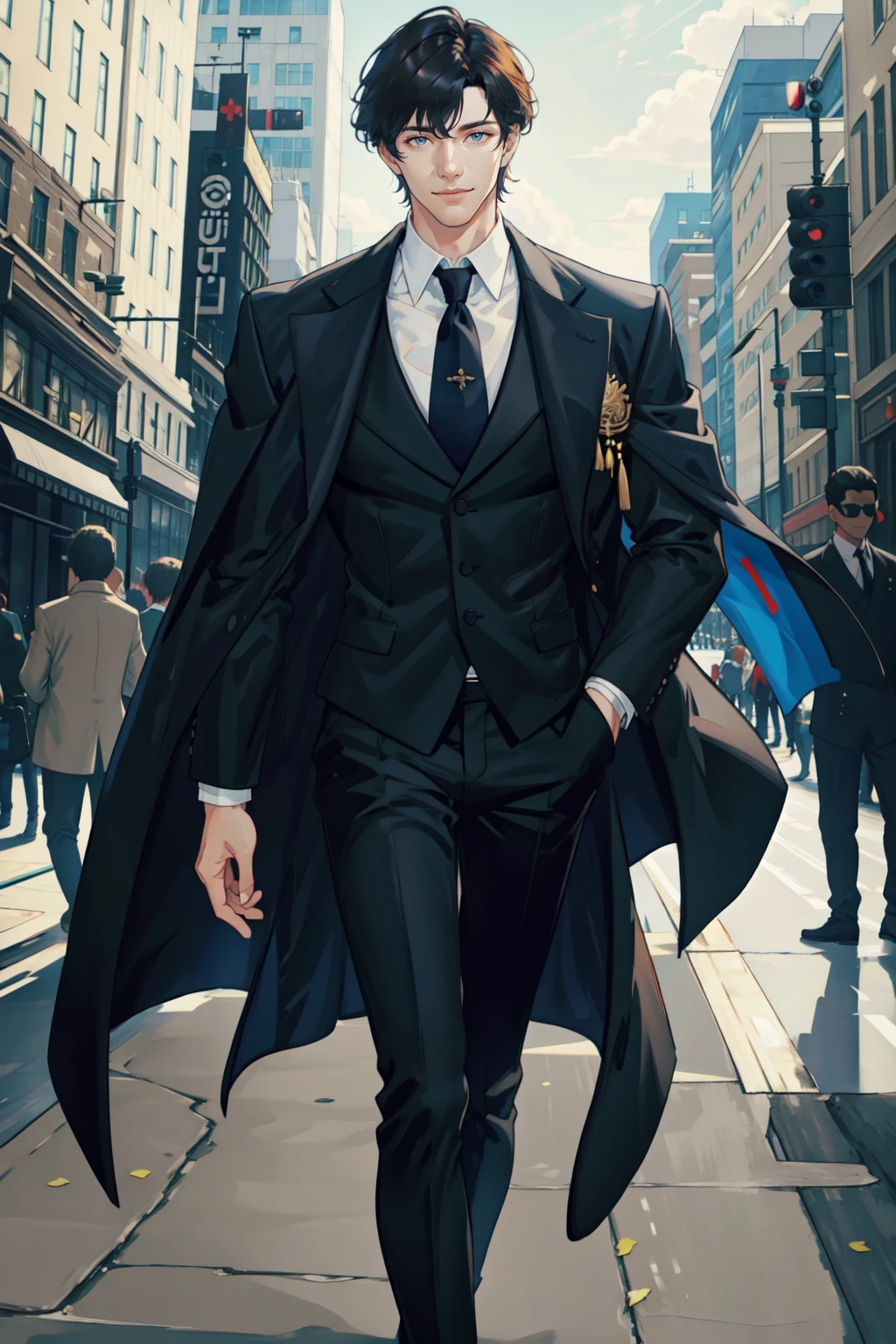 masterpiece, best quality, 1 male, adult, handsome, tall muscular guy, broad shoulders, finely detailed eyes and detailed face, extremely detailed CG unity 8k wallpaper, intricate details, very short hair, best ratio four finger and one thumb, neat suit and coat, modern urban scenery, street, skyscraper, afternoon, best light and shadow, smile, pomade, depth of field