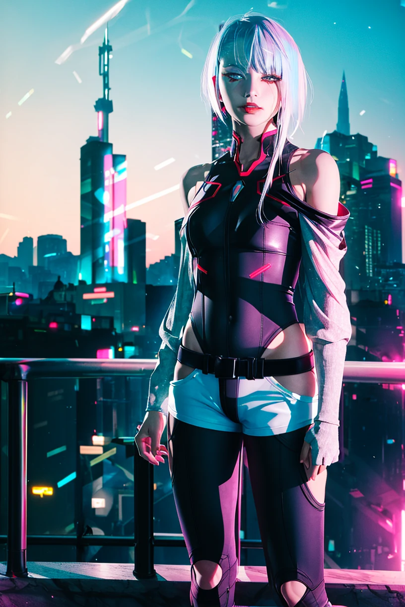 masterpiece, (photorealistic:1.4), best quality, beautiful lighting, (ulzzang-6500:0.5),

lucy \(cyberpunk\), neon palette , 1girl, against railing, arm rest, bangs, bare shoulders, belt, black belt, black leotard, black pants, blurry, bob cut, breasts, building, cityscape, clothing cutout, cropped jacket, cyberpunk, depth of field, from side, gradient eyes, grey eyes, grey hair, jacket, leotard, lips, long sleeves, looking afar, looking ahead, mechanical parts, medium breasts, multicolored eyes, multicolored hair, night, night sky, off shoulder, open clothes, open jacket, outdoors, pants, parted lips, railing, red eyeliner, science fiction, short hair with long locks, short shorts, shorts, sidelocks, sky, solo, standing, teeth, thigh cutout, upper teeth only, white jacket, white shorts, cyberpunk \(series\), cyberpunk edgerunners,  <lora:lucy-000035:0.7> <lora:neon_palette_offset:1>

RAW photo, 8k uhd, film grain