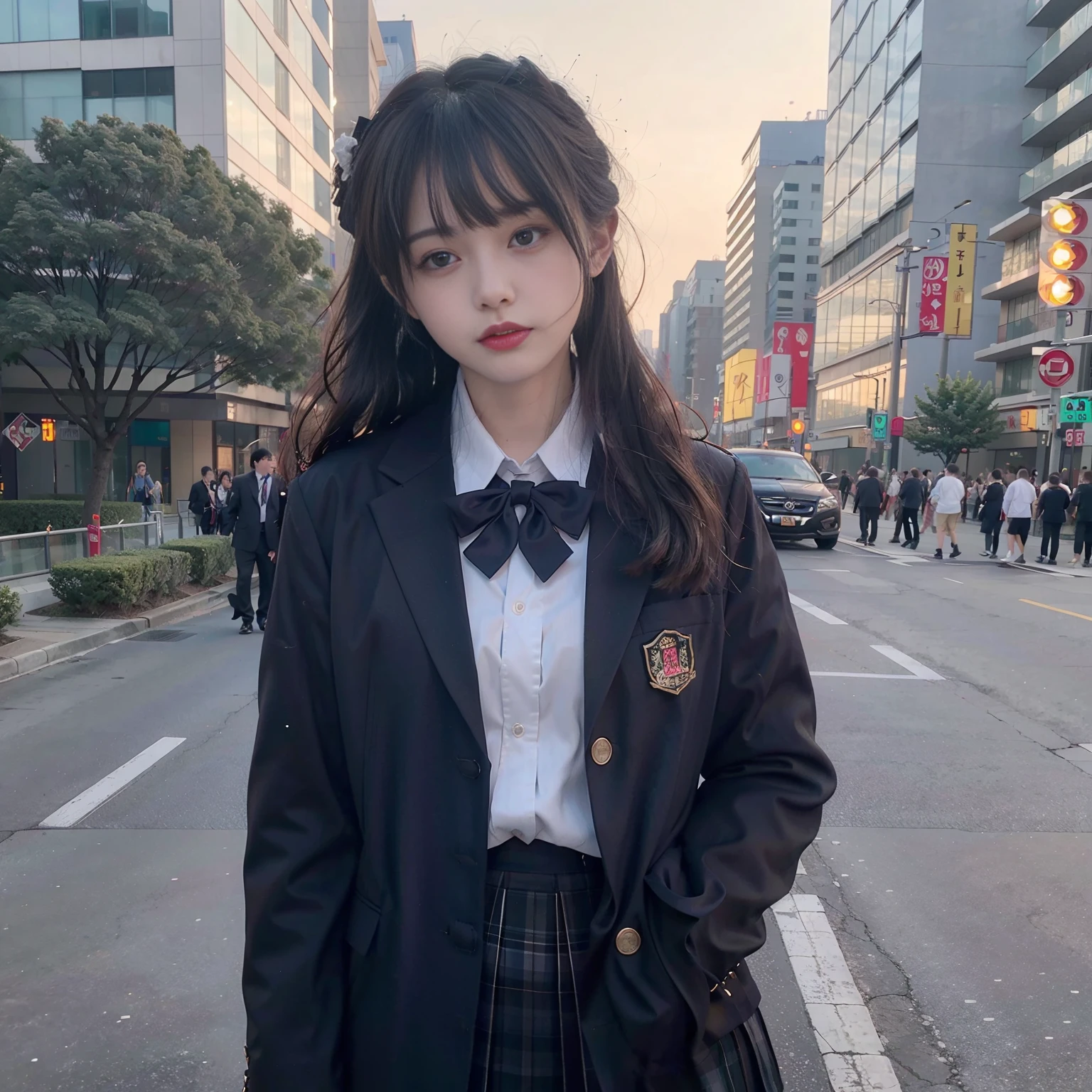 (8k, RAW photo, best quality, masterpiece:1.3),(realistic,photo-realistic:1.37),,(looking at viewer:1.331),posing,Tokyo street,nightcityscape, <lora:asianGirlsFace_dreamyFace:0.5>,night, cyberpunk city,soft light,1girl,extremely beautiful face,bust,put down hands,Random hairstyle,white hair,Random expression,small eyes, ,lower abdomen,<lora:jk uniform:0.6>(JK long-sleeved shirt),JK style,(JK skirt) ,(JK long tie),(JK suit),<lora:cuteGirlMix4_v10 (1):0.4>,mix4