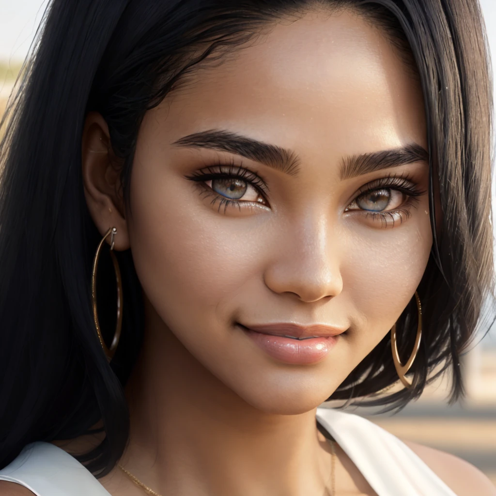 Masterpiece, absurdres,award winning photo, extremely detailed, amazing, fine detail, extremely detailed eyes and face, by lee jeffries nikon d850 film stock photograph 4 kodak portra 400 camera f1.6 lens rich colors hyper realistic lifelike texture dramatic lighting unrealengine trending on artstation cinestill 800 tungsten,beautiful woman, excited, smiling, <lora:tad:0.9>, ((tan skin)), beautiful tad_woman, a woman with long black hair and a white top ,perfect tad_body, perfect tad_face, cowboy shot