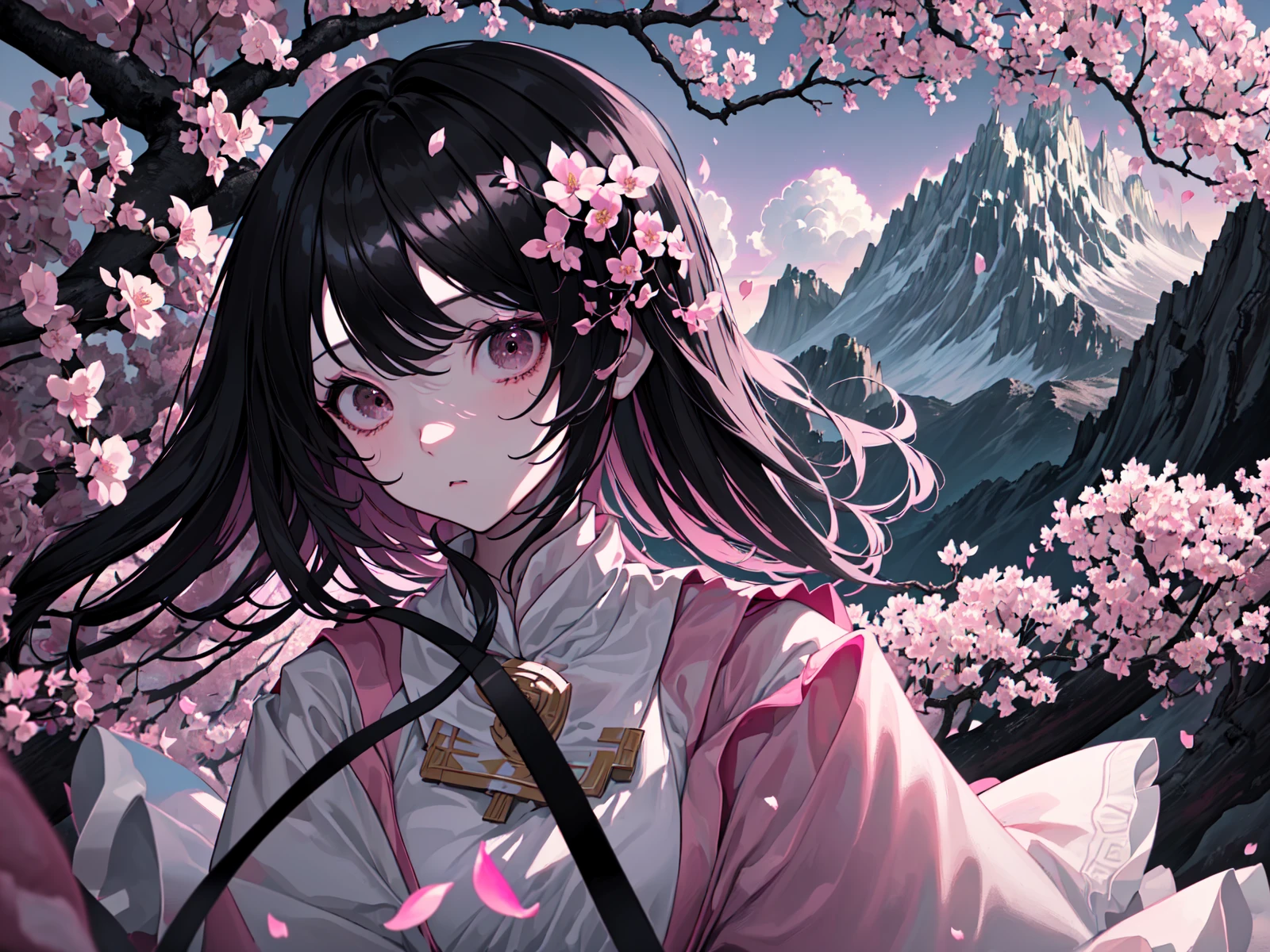 (best quality, masterpiece),(1girl, miko, coat, expression face, black eyes, looking at front ,black hair, walking, upper body), (night strray sky, huge old tree behind, falling glowing pink petals behind, shrine behind, mountain background, blowing wind, meteoric cloud)