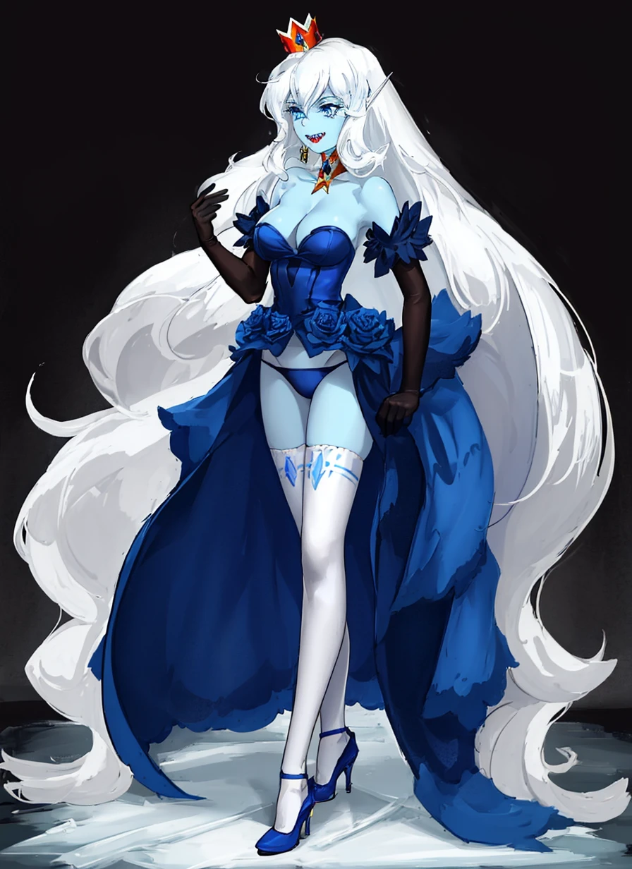 beautiful, masterpiece, best quality, 1girl,
ice queen, adventure time, blue heels, blue skin, breasts, choker, cleavage, colored skin, crown, elbow gloves, gloves, high heels, long hair, sharp teeth, shortstack, teeth, thighhighs, underwear, very long hair, white hair
<lora:my_AdventureTime_v1:0.7>