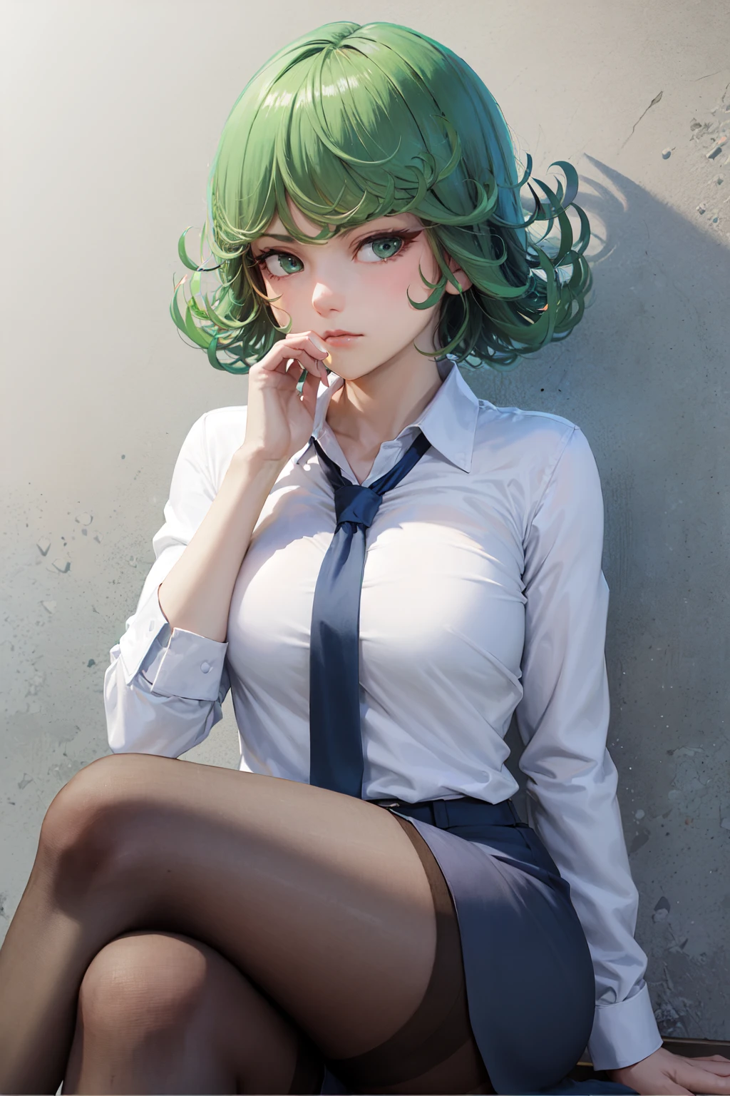 (masterpiece, best quality:1.2), <lora:opm_tatsumaki-20:0.8>, solo, 1girl, tatsumaki, unamused, closed mouth, looking at viewer, hand on own face, sitting, crossed legs, collared shirt, necktie, skirt, pantyhose