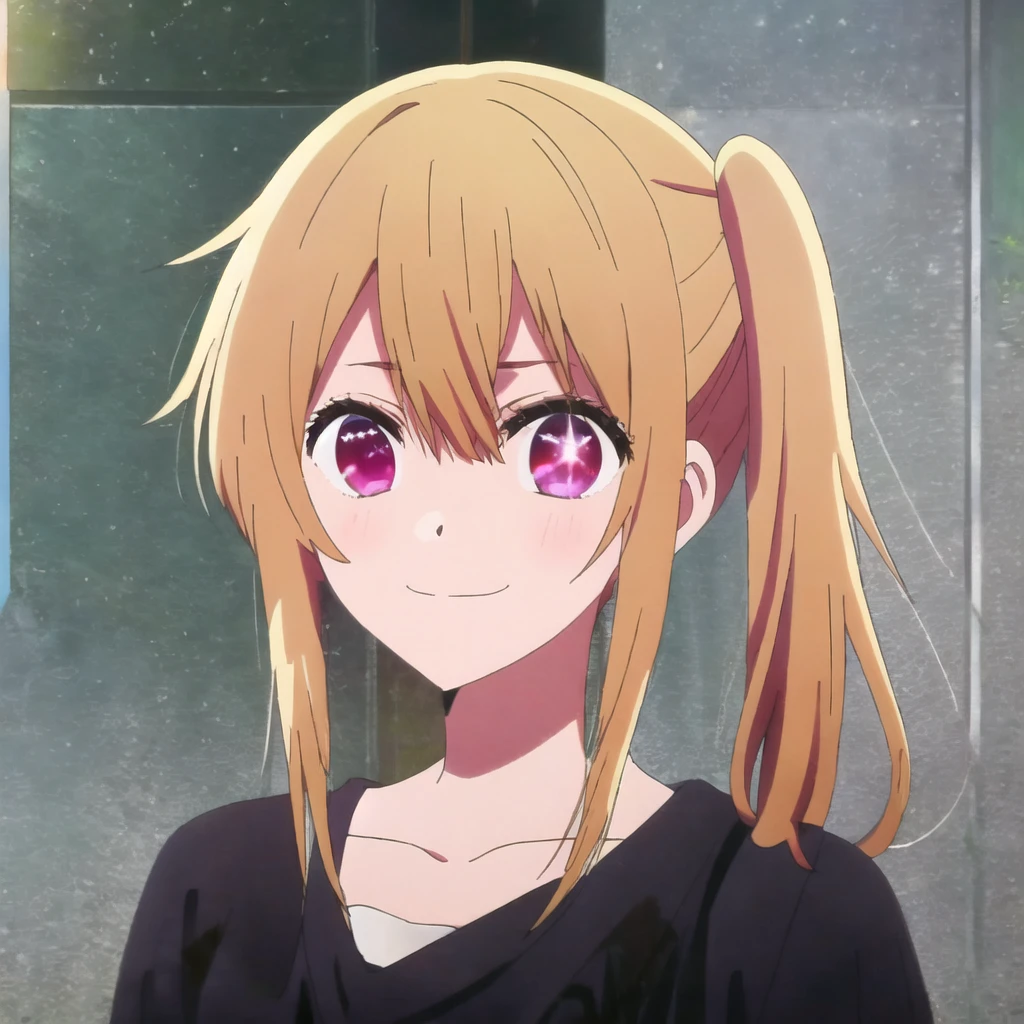 <lora:ruby hoshino v2:0.8>  ruby hoshino, blonde hair, side ponytail, ruby eyes, smile,star on eye, anime screencap, upper body, face, (star on right eye:1), black shirt, <lora:kyoto animation_artstyle_LoCon:0.5>, kyoto animation screencap, brick wall covered in graffiti, grafitti