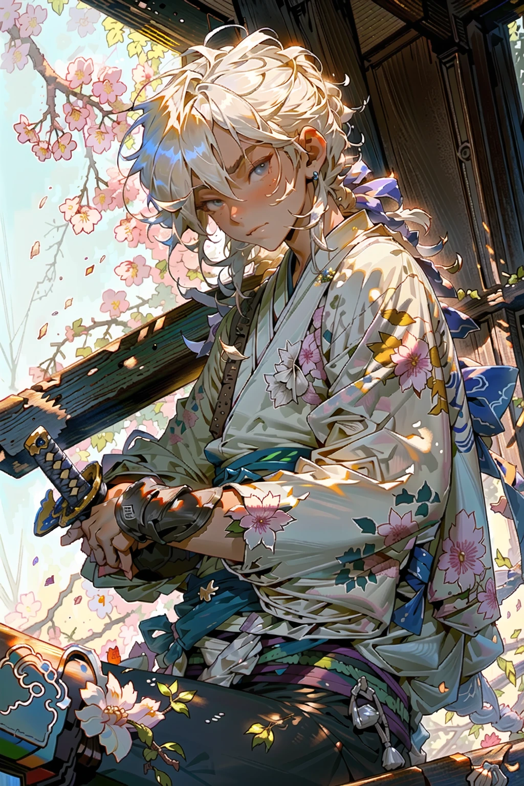 branch, cherry_blossoms, hanami, in_tree, petals, spring_\(season\), tree, pink_flower, wisteria, sitting_in_tree, weapon, plum_blossoms, falling_petals, sword, katana, male_focus, under_tree, 1boy, sanshoku_dango, dango, against_tree, blue_sky, outdoors, bare_tree, sheath, bandages, bridge, day, solo, flower, stone_lantern, samurai, blue_eyes, japanese_clothes, architecture, petals_on_liquid, sheathed, east_asian_architecture, sitting <lora:OC illustration:1>