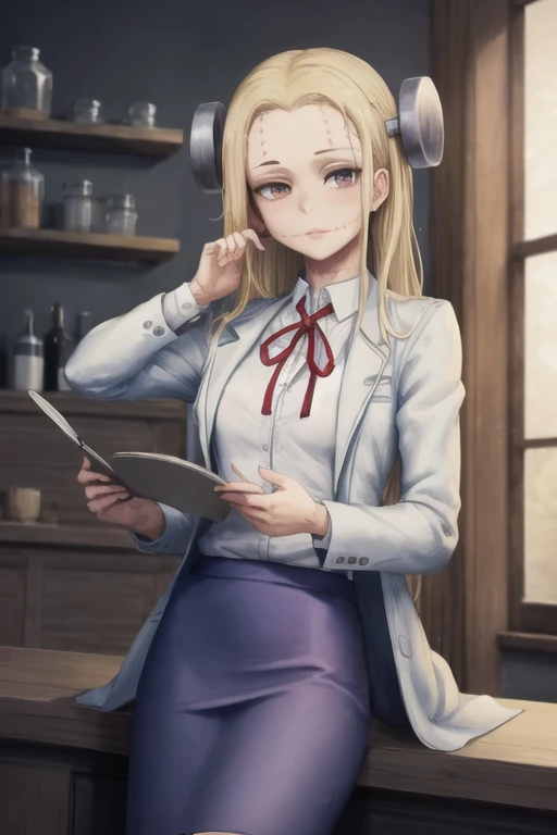 1girl, solo, long_hair, blonde_hair, (blue_skirt:1.1), labcoat, red ribbon, white_shirt, <lora:MadarakiFran-10:1.0>, (Masterpiece, Best Quality:1.2),