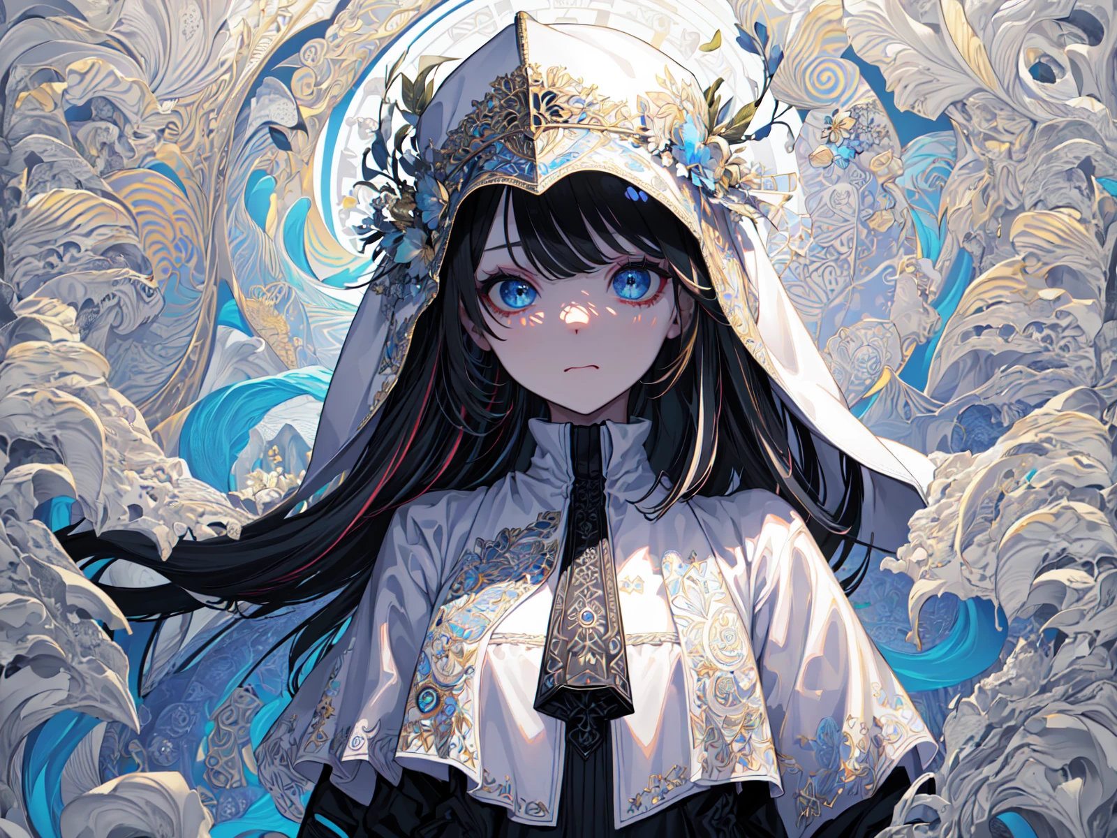 (best quality, masterpiece), (1girl, solo, hood, expression face, standing, looking at viewer, cap, blue eyes, long straight hair, closed mouth, upper body,), (cracked multicolored carved circle, white wall, ),