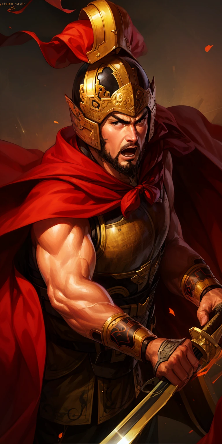 (4k,   best quality, highres:1.1), (masterpiece:1.1),   man, (Chinese male:1.2), middle-aged, warrior, detailed eyes, facial hair, muscular, strong, brave, courageous, powerful, honorable, disciplined, confident, looking at viewer,
cape, 1boy, male_focus, book, armor, open_mouth, red_cape, weapon, solo, facial_hair, helmet, holding, sword,