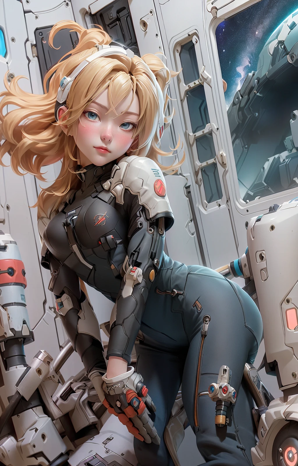 (Overhead view),dynamic angle,ultra-detailed, illustration, close-up, straight on, 1girl,
((souryuu asuka langley, interface headset, red bodysuit:1.4, blonde)),Her eyes shone like dreamy stars,(glowing eyes:1.233),(beautiful and detailed eyes:1.1),(expressionless,closed mouth),(standing),
(mechanic room with tools<machine guns> and spaceship window<an epic space view outside the window> in a white SPACESHIP),
(night:1.2),dreamy, [[delicate fingers and hands:0.55]::0.85],(detail fingers), <lora:OC:1>