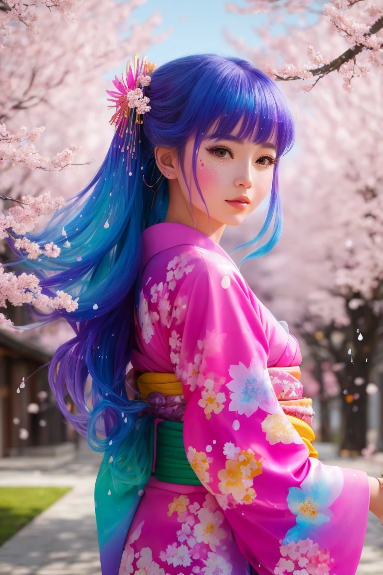 A beautiful girl wears a colorful kimono made of paint and has thick, long hair adorned with jewelry. She stands in front of sakura trees and is splattered with iridescent paint drops in a dynamic action shot, rendered in Octane Render with HDR and hyperdetailed 1.15. The lighting is soft and sharp, creating contrast and emphasizing the texture of her kimono.
