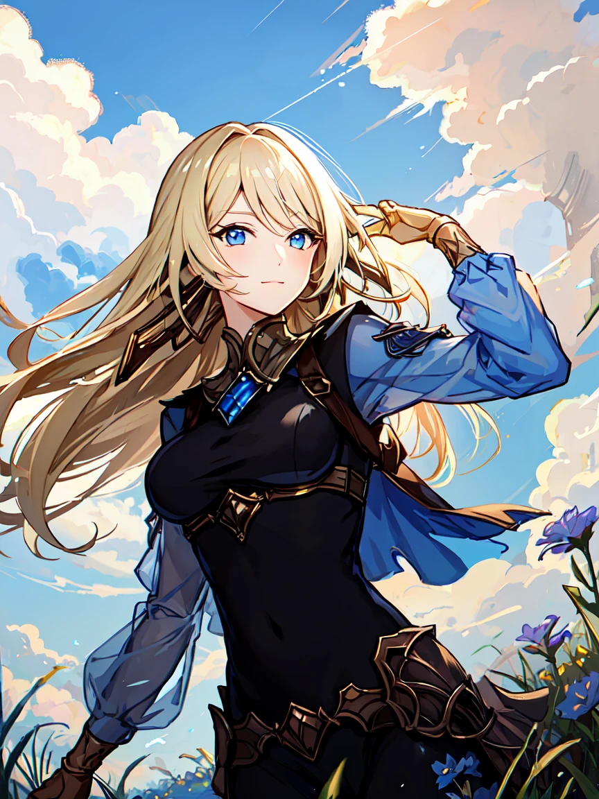 masterpiece,best quality,1girl,<lora:ShadowverseTetra_v1:0.75>,blonde hair,glowing blue eyes,close-up,serious,shiny,sunshine,grass,flowers,holding weapon,adjusting hair,from below,looking at viewer,clouds,blue sky