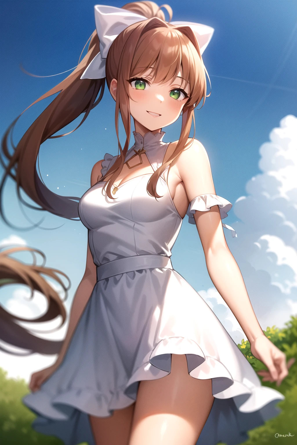 2d, masterpiece, best quality, anime, highly detailed, cowboy shot, 1girl, solo, monika, green eyes, brown hair, very long hair, ponytail, hair bow, white dress, frilled dress, outdoors, smile <lora:ddlc-10:1>