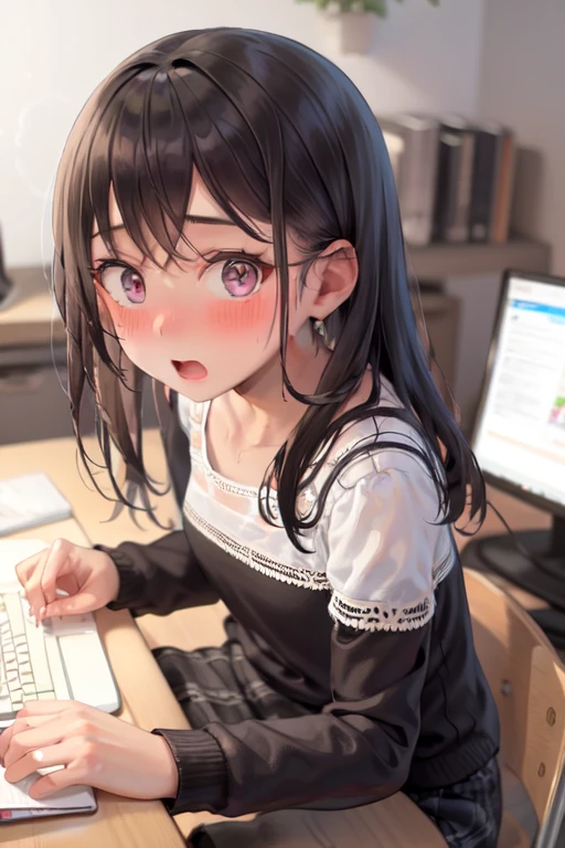 1girl, caught, looking at viewer, at computer, blush, embarrassed, denial, masturbating while watching, <lora:concept-caught-v2:1>