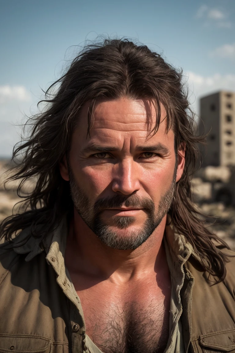 A close-up portrait photo of a brutal 45-year-old man in wastelander clothes, with long hair, pale skin, and a slim body. The background is city ruins, and the photo is taken with a high-quality DSLR camera in 8K UHD resolution. The skin is highly detailed with film grain and soft lighting that adds a realistic and high-quality feel to the photo. The style is raw and unfiltered, capturing the man's rugged and brutal character. The technique used is top-notch, capturing every detail and nuance of the man's appearance.